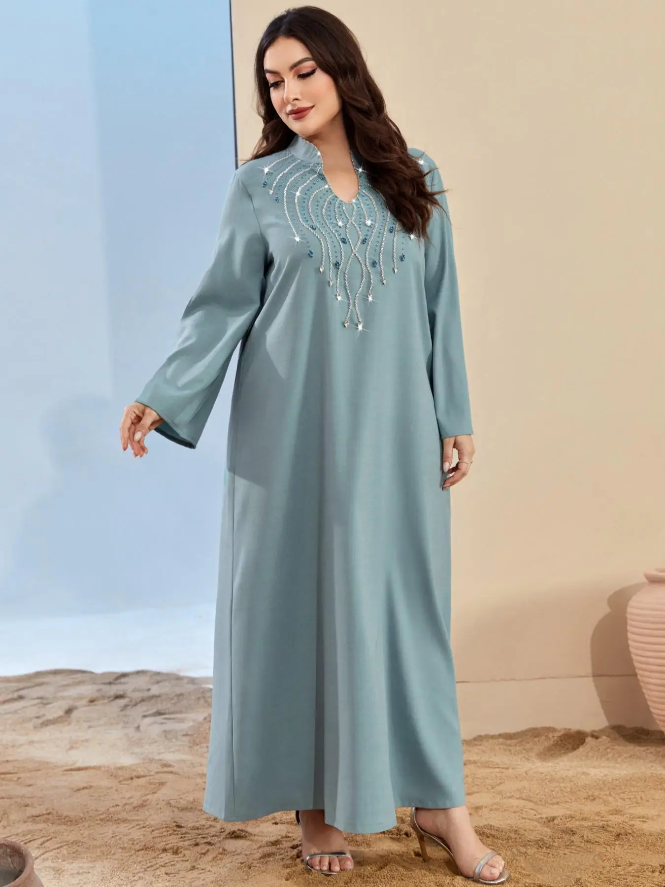 Arabic Clothing-Women's Rhinestone Decor Notched Neck Tunic Dress, Elegant Long Sleeve Arabian Dress For Spring & Fall, Women's Islamic Clothing For D