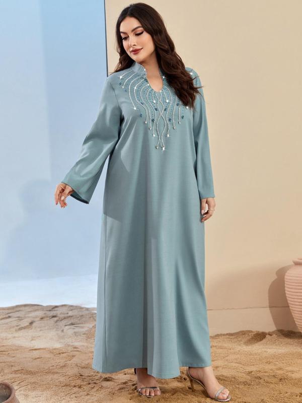 Arabic Clothing-Women's Rhinestone Decor Notched Neck Tunic Dress ...