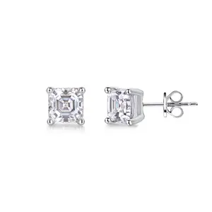 925 Sterling Silver Asscher Cut Cubic Zirconia Stud Earrings, 0.5cm Four-Prong Hypoallergenic Square Gem Earrings for Women Daily & Gift