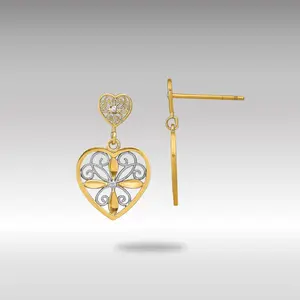 14K Gold Flower and Heart Beaded Filigree Dangle Earrings - Model TE935