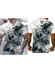 Men's 3D Digital Printed Graphic Casual Short Sleeve T-Shirt, Viking Warrior and Norse Mythology Design, Breathable Summer Tee for Outdoor and Home, Comfortable Fitted Style