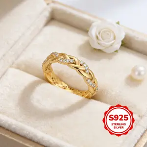 Original 925 Sterling Silver Exquisite Golden Color Braided Ring for Women Dazzling Cubic Synthetic Zirconia Accents Intricate Twisted Design for Timeless Elegance. Luxe Statement Piece for Daily Glam or Special Occasions Shine Bright