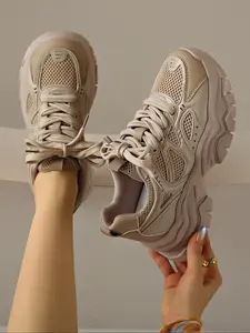 Thick Sole Casual Shoes, Flat Mesh Sneakers, All Seasons Round Toe Lace-Up Dad Shoes, Sizes 36-41 Available