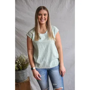Hem and Thread Subtly Striped Short Sleeve Top Comfort Fabric Fit Lightweight Women's Casual V Neck Summer Top Womenswear Breathable Dress Style Fitted Shortsleeve