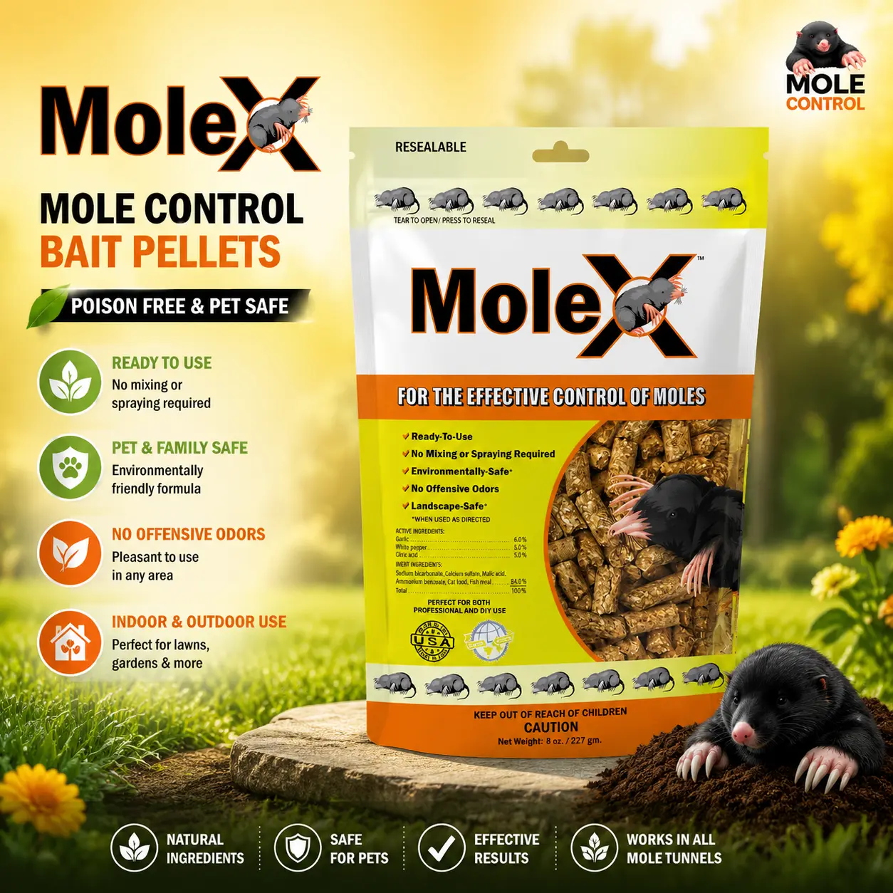 MoleX Mole Control Bait Pellets for Moles – Poison Free, Pet Safe | Indoor & Outdoor Use Pellets |8 oz. Bag