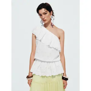 URBAN REVIVO 2026 Spring New Arrival Lady's Women's Clothes Chic 1-Shoulder Sleeveless Elegant Ruffle Lace Cotton Eyelet Peplum Blouse Shirt, Thin Fabric Women's Top, Style UWH250121