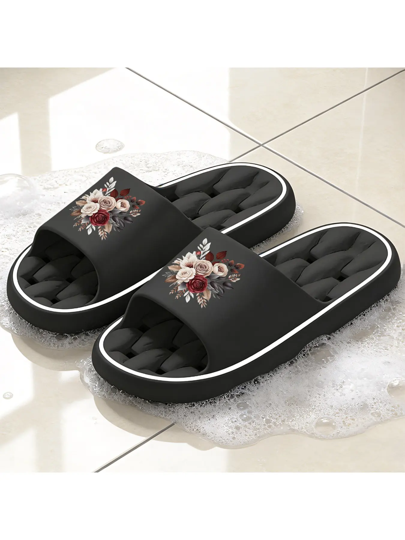 Vintage Rose Floral Bouquet Print Quick-Dry Hollow Out Slide Slippers, Non-Slip Drainage Bathroom Shower Shoes, Soft Cushioned Home Sandals for Elegant & Nature Style Lovers