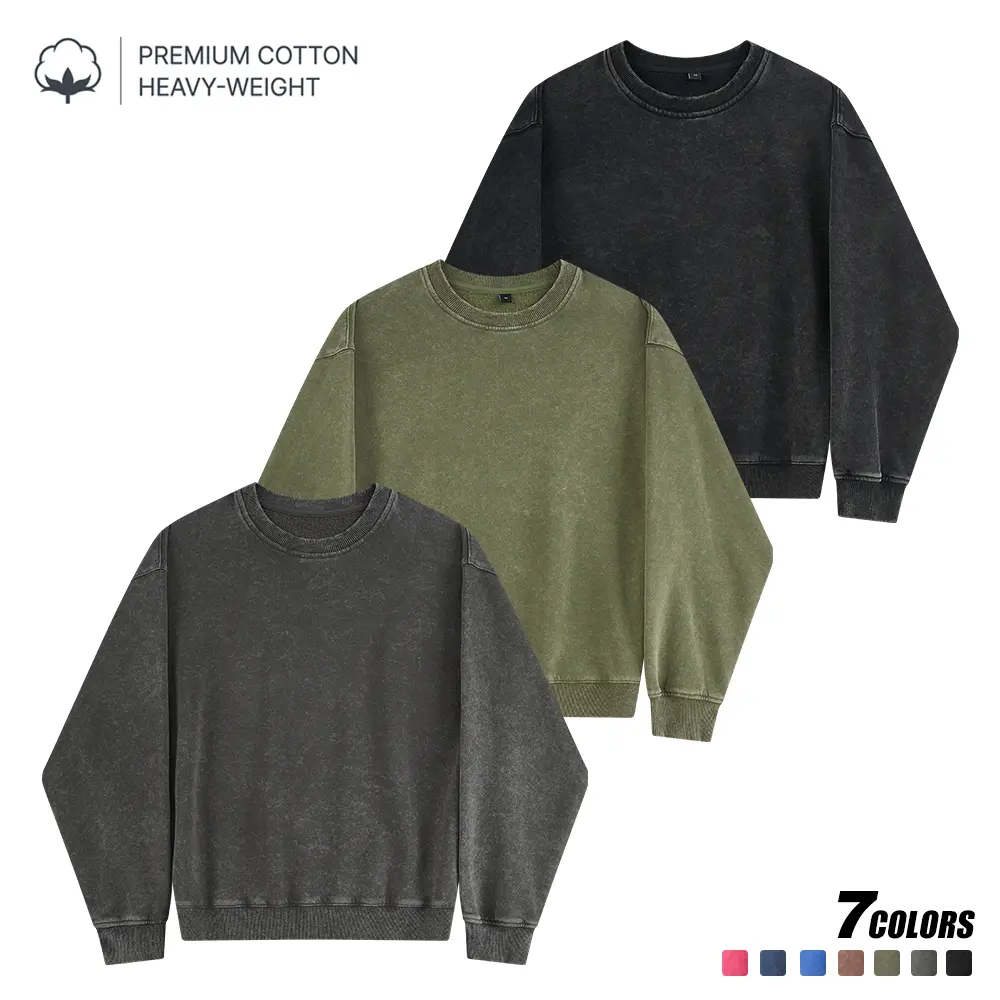 3Pcs Casual Vintage Washed Long Sleeve Sweatshirt for Men, Crew Neck Plain Basic Tops, Thick Premium Cotton Construction, Relax Fit All-Match Outer Layer for Street and Outdoor Wear