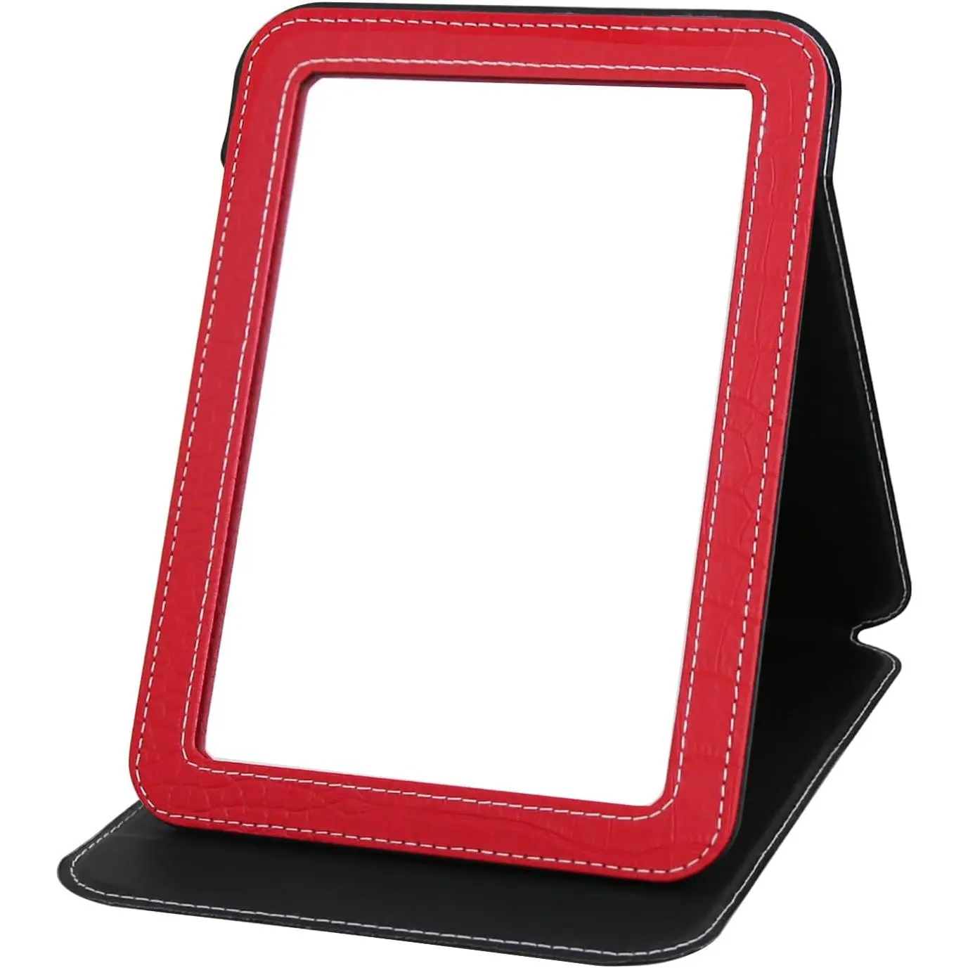 Red Foldable Desk Mirror, 6.5x8.9" Adjustable Angle Rounded Rectangle PU Edge Covering Travel Mirror with Stand (LRed)