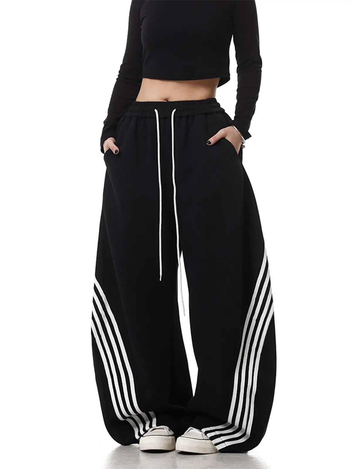 EMMIOL【Back to School】Y2K Baggy Barrel Striped Sweatpants, High Waisted Wide Leg Pants, Joggers with Drawstring Waist and Baggy Wide-Leg Sweatpants with Pockets Drawstring Elastic Waist Vintage Streetwear Joggers Cuffs