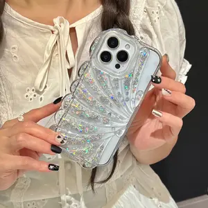 3D Conch Shell Laser Aurora Sequins Phone Case For iPhone 16 E 15 14 13 12 11 Pro Max Plus Clear Seashell Shockproof Soft Cover Protective Casing