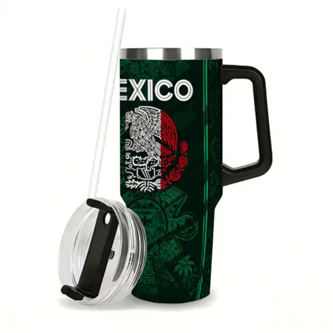 Sturdy 40oz Insulated Stainless Steel Coffee Flask - Drink Mug with Handle for Carry, Straw, Straw Cap, Leak-Proof Dishwasher-Safe Lid, 2026 Mexico Soccer Engraved/Printed Graphics, Chichén Itzá Pyramid, Mexican Flag, Retro Vibe, Gift-Ready Fan Gift