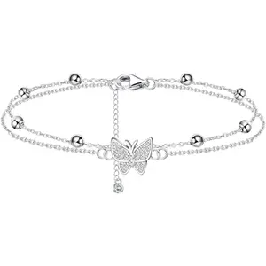 Trendy Summer 925 Sterling Silver Ankle Bracelets for Women Heart Butterfly Beaded Initial Anklet Layered Dainty Chain Adjustable Beach Foot Jewelry Summer Cute Beach Gift for Her