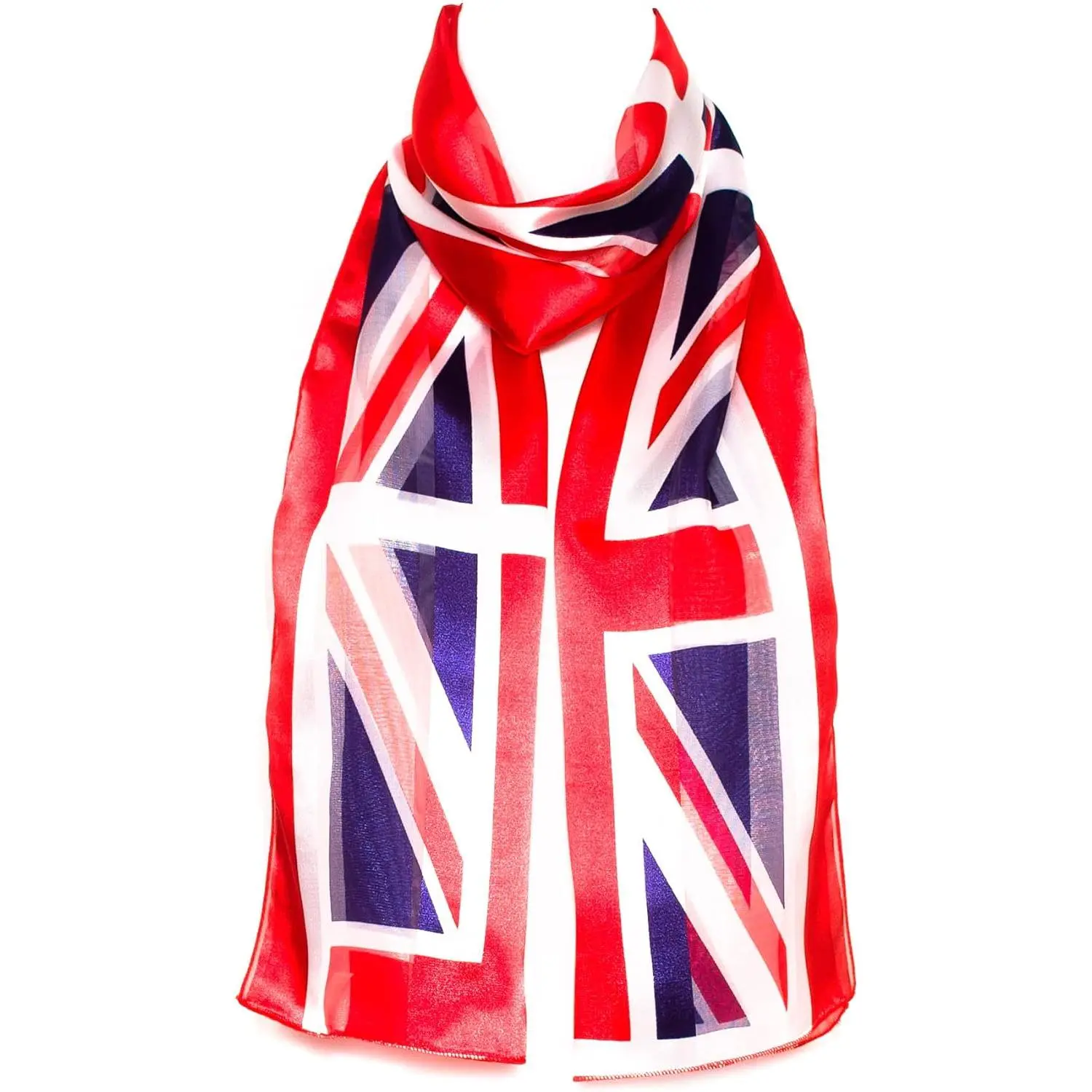 Union Jack UK Flag Print Premium Chiffon Satin Scarf for Women Korean Made Lightweight Sheer Fashion Wrap, Soft Elegant Shawl for All Seasons