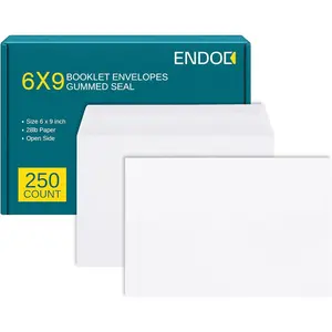 250 Pack 6x9 Open-Side Booklet Mailing Envelopes, 24lb Heavy Duty White Plain Paper Envelopes with Gummed Seal for Catalogs Business Booklets