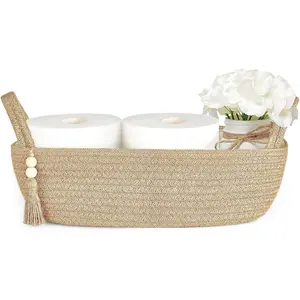 Small Storage Basket Jute Box for Toilet Tank Top Boho Bathroom Decor Woven Rope Toilet Paper Tray Back of Toilet Organizer for Shelf Bedroom Living Room, Jute, 1 Pack, 13"L x 6"W