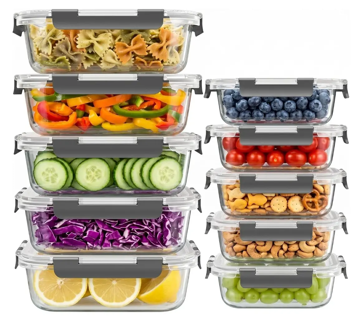 Dealusy 10 Sets (20-Piece) 36 oz & 12 oz Glass Food Storage Containers with lids, Airtight Leak-proof Glass Meal Prep Containers with Lids, Microwave Oven Freezer Dishwasher Safe, Gray