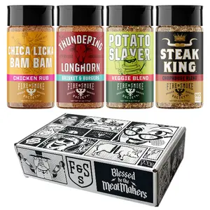 Fire & Smoke Society Meat & Potatoes Seasoning Bundle | American Flavor Variety Pack of Dry Rubs | 4 Pack with Chica Licka Bam Bam, Thundering Longhorn, Potato Slayer, and Steak King