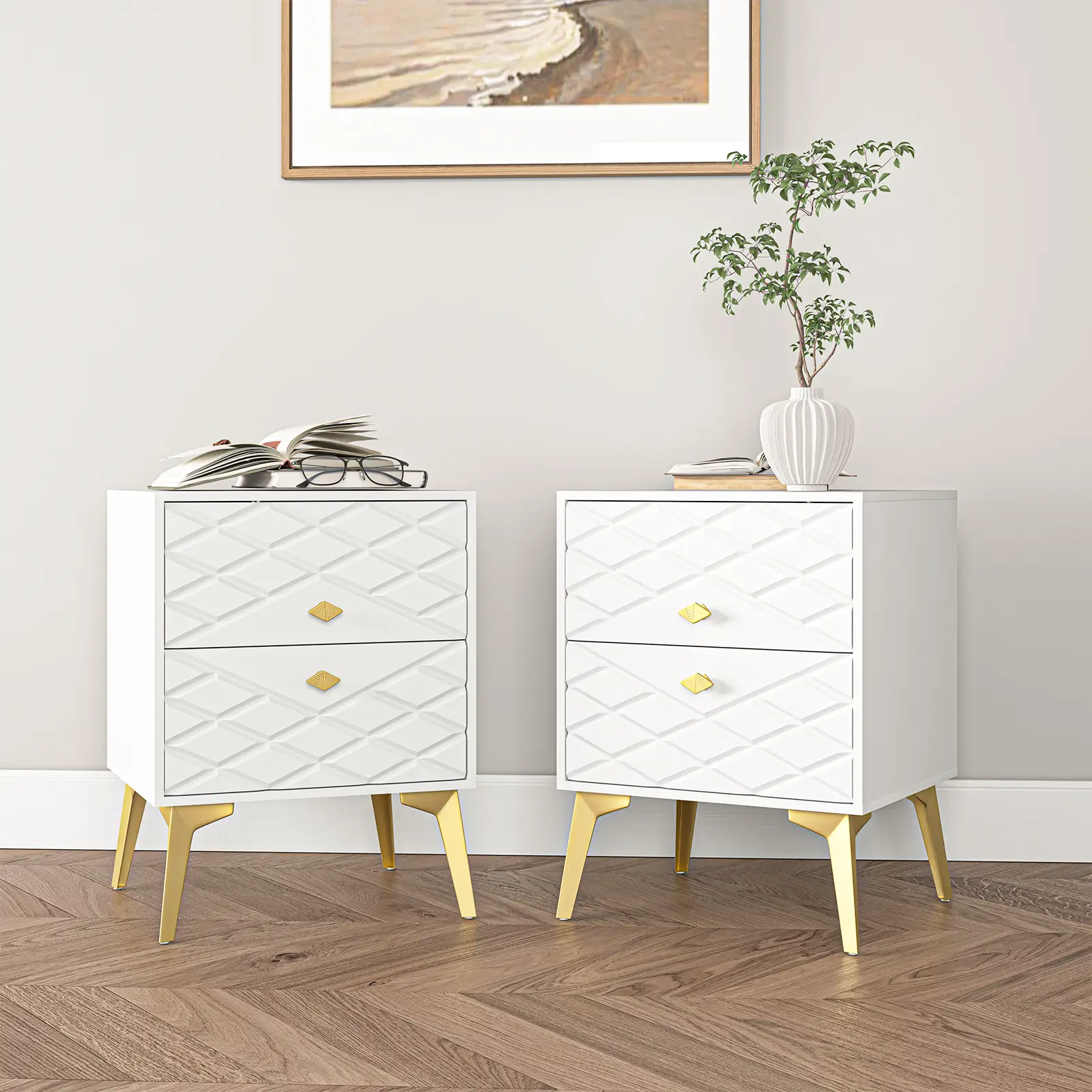 Set of 2 Bedroom 2 Drawer White Nightstand with Golden Metal Legs for Bedroom Mid Century Modern End Table, Wood Finish Accent Table with Storage