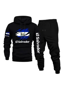 Men's Casual Fleece Hoodie & Pants 2-Piece Set, El Salvador Print - Outdoor Activities, Daily Versatile & Breathable, Front Kangaroo Pocket, Fall & Winter Wear, Perfect as a Surprise Gift
