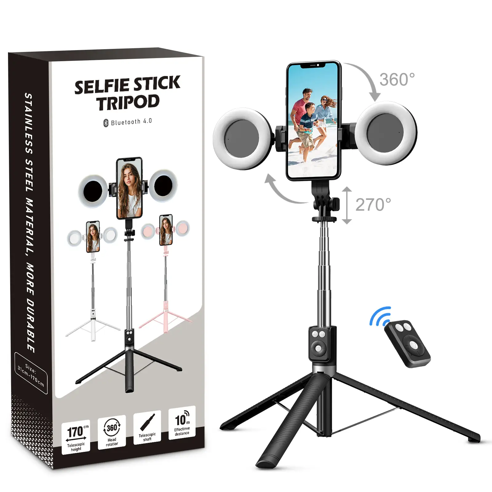 6-in-1 Selfie Tripod w/Dual Fill Lights & Wireless Remote | Portable Adjustable Phone Stand | Detachable 360° Compact Travel Tripod