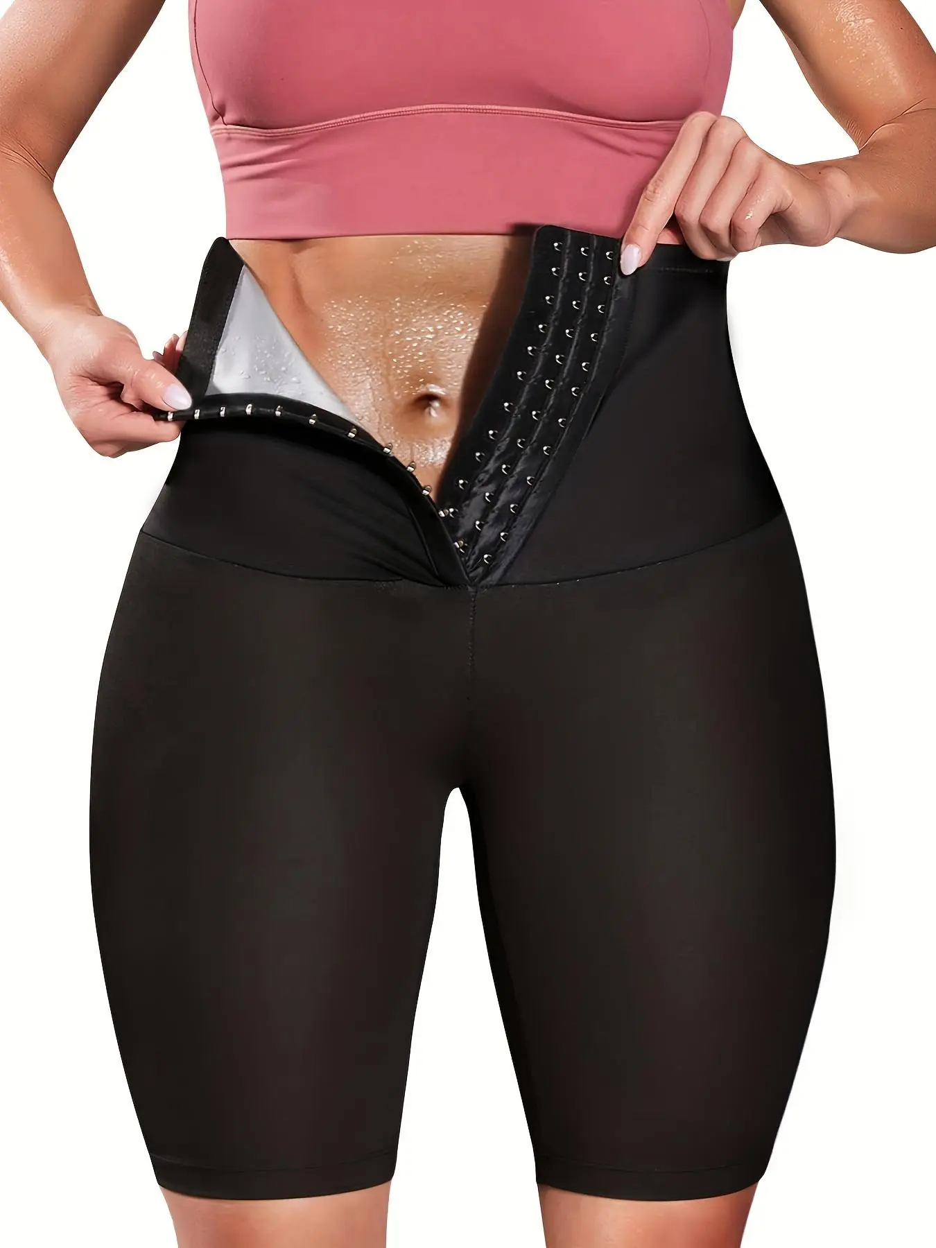 【plus Size】 Hook & Eye Front High Waist Sports Short Tummy Control Leggings, Gym Leggings for Women, Solid Color Breathable Quick Drying Skinny Sauna