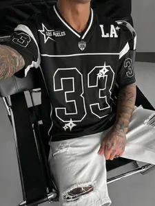 Men’s Black “Los Angeles 33” Retro Football Jersey, Oversized Streetwear Tee with star graphics & LA text, breathable mesh fabric, perfect for casual outings, game days, and vintage-inspired streetwear outfits with an edgy athletic vibe. #Streetwear #Foot