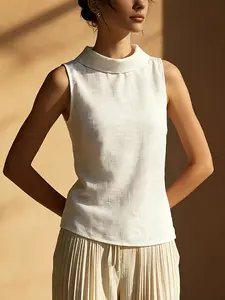 Women's Elegant Fitted Sleeveless Stand Collar Vest, Cotton Linen Texture Slim Fit Inner Layer, Casual Summer Top, Versatile Daily Wear, Womenswear