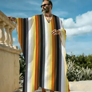 Men's V-Neck Pullover Summer Loose Kaftan Long Robe, Lightweight Breathable Short Sleeve Open Front Resort Wear, Casual Beach Cover Up Lounge Sleep Shirt for Men