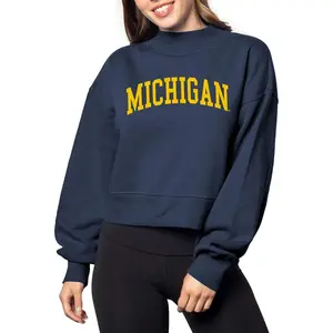 Chicka-d Women's Michigan Sweatshirt Mock Neck Dropped Shoulder Oversized Navy Blue