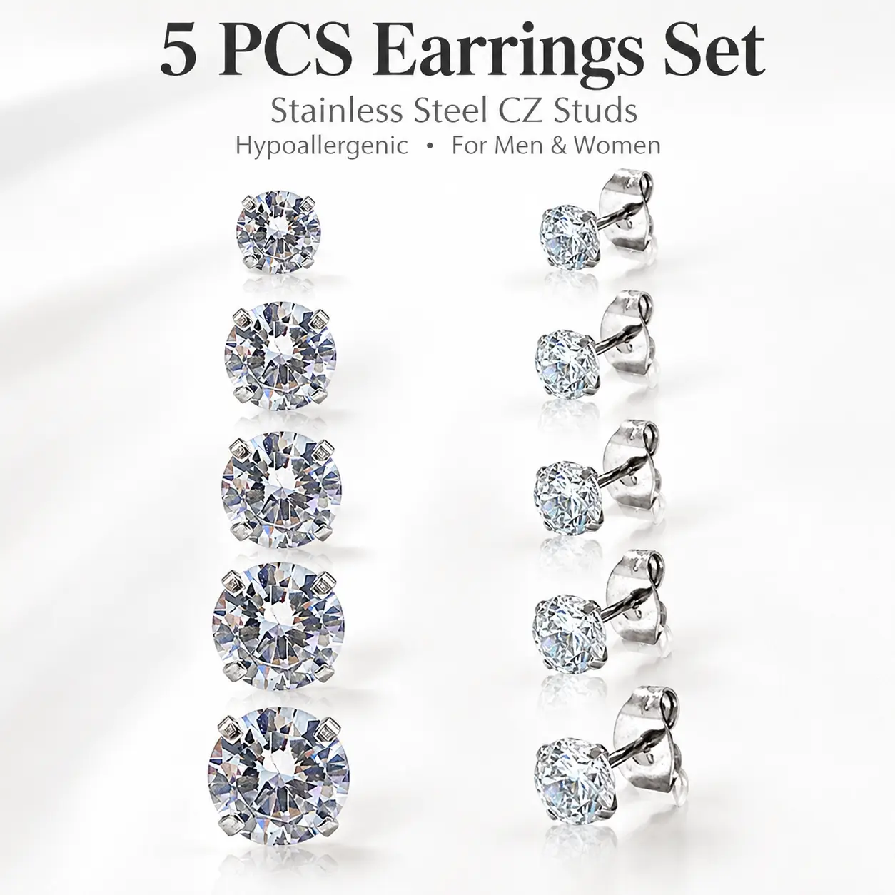 Earrings Set Stainless Steel Cubic Zirconia Stud for Hypoallergenic Ears of Men Women