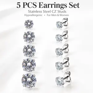 Earrings Set Stainless Steel Cubic Zirconia Stud for Hypoallergenic Ears of Men Women