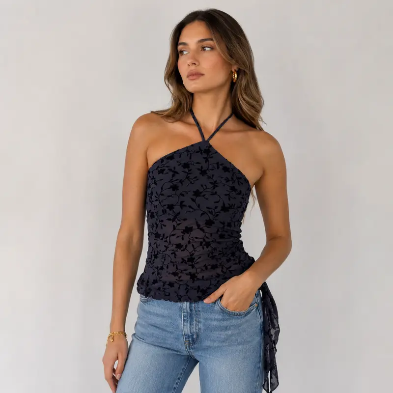 Women's Polyester-Elastane Blend Halter Crop Top - Backless Sleeveless Cami, Slim Fit, Floral Print, See-Through, Irregular Hem, Ideal for Summer OOTD, Outdoors