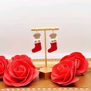 Christmas Stocking With Puppy Earrings, Polymer Clay Earrings, Stainless Steel, Lightweight Earrings, Handmade Jewelry