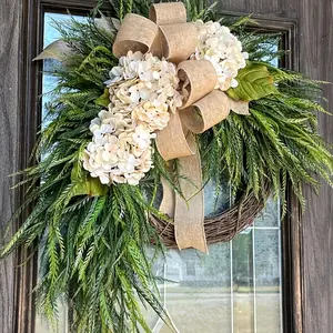 Rustic Style Hydrangea Wreath Hanging Decoration, Farmhouse Home Butterfly Knot Wall Decor, Garden Courtyard Door Decor, Wedding Party Festival, Faux Floral Garland, Decorative Greenery