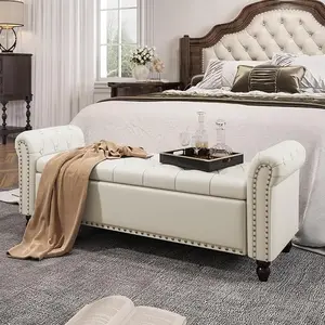 [Summergarden] Vabches Bedroom Bench, End of Bed Bench with Storage, Bed Benches for Foot of Bed, Faux Leather Window Bench with Rolled Arms, Upholstered Storage Bench with Tufted Button and Nailhead Trim, Furniture, Interior