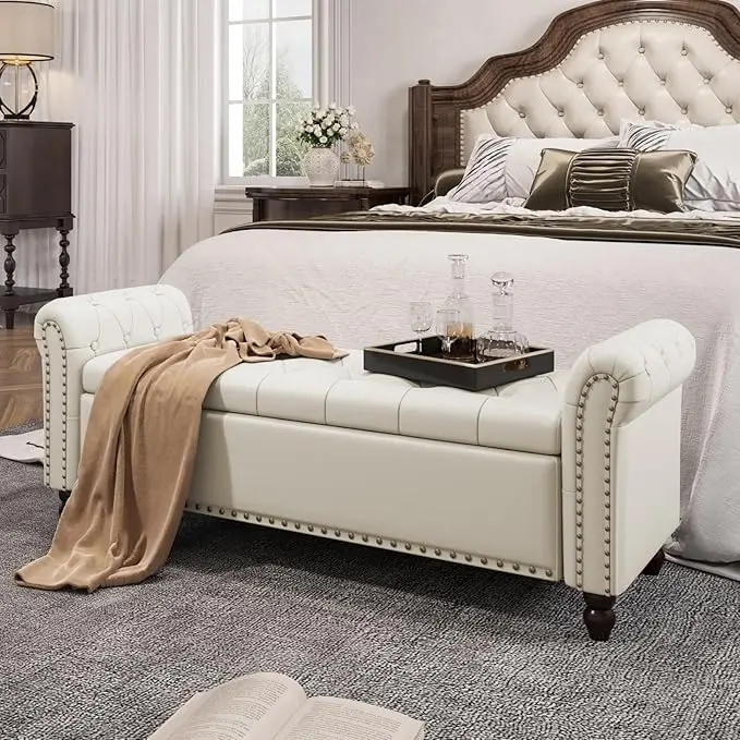 [Summergarden] Vabches Bedroom Bench, End of Bed Bench with Storage, Bed Benches for Foot of Bed, Faux Leather Window Bench with Rolled Arms, Upholstered Storage Bench with Tufted Button and Nailhead Trim, Furniture, Interior