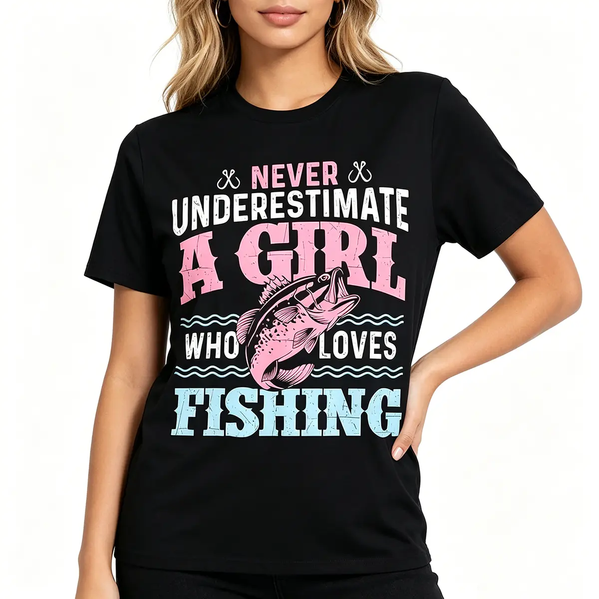 Never Underestimate A Girl Who Loves Fishing T-Shirt Pink Bass Fish Graphic Angler Gift