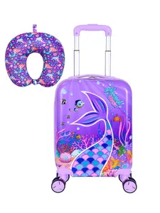 2Pcs Kids Purple Mermaid Luggage Set - Hard Shell Carry On Suitcase with Spinner Wheels + U-Shaped Neck Pillow, Mermaid Underwater Print Travel Trolley for Girls