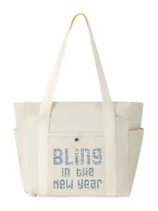 Bling New Year Text Multi Pocket Canvas Bag All Match Solid Color Bag for Work Commute and Daily Life