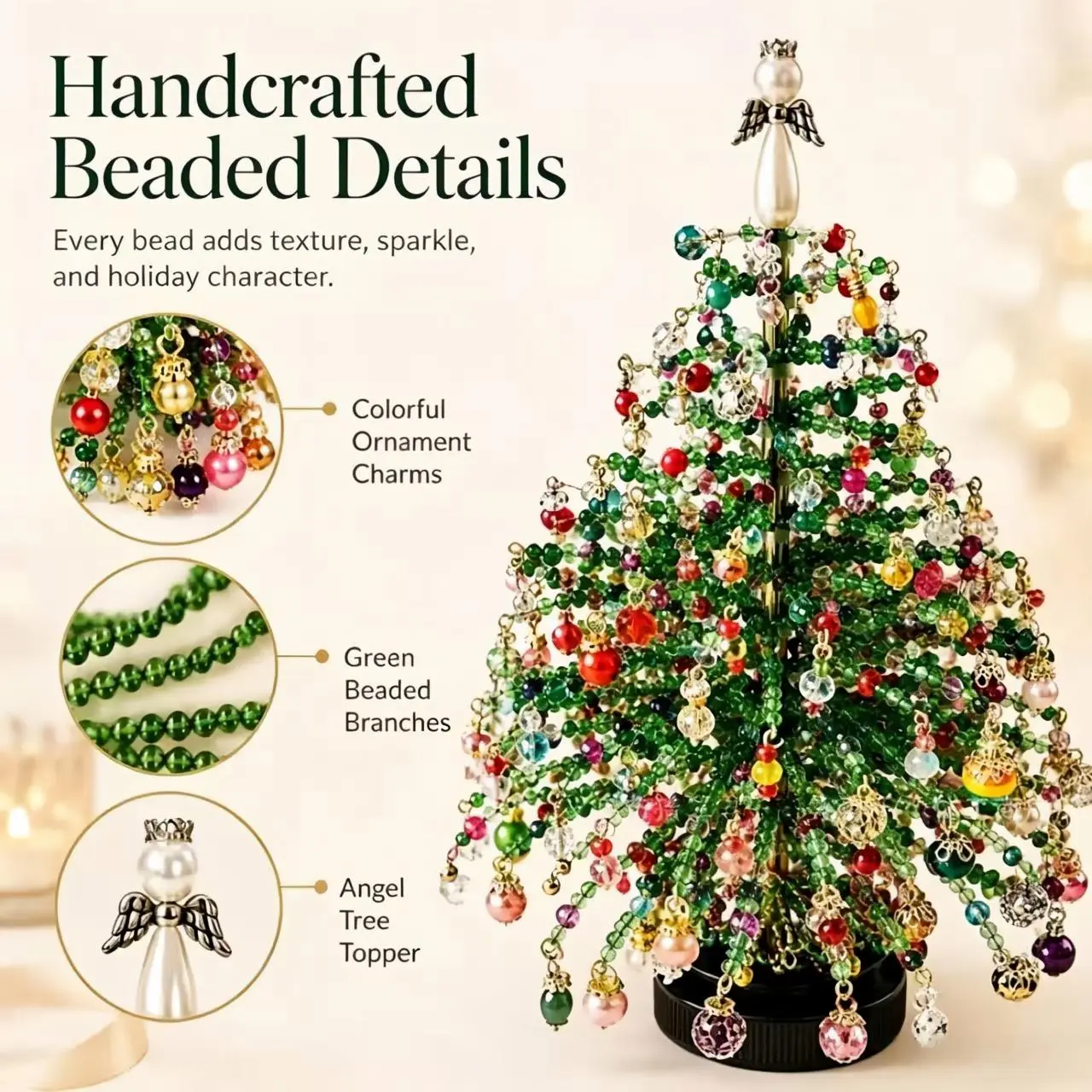 DIY Beaded Christmas Tree Kit, Hand‑Made Mini Crystal Bead Xmas Tree Craft Set, Complete Christmas Decoration Making Supplies with Beads, Angel Tree Topper, Base & Accessories, Tabletop Holiday Ornament, Fun DIY Project, Ideal Christmas Gift for Kids & Fa