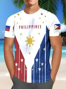Men's Philippines Flag Pattern T-Shirt, Slim Fit Short Sleeve Round Neck Casual Sportswear, Breathable Summer Comfort
