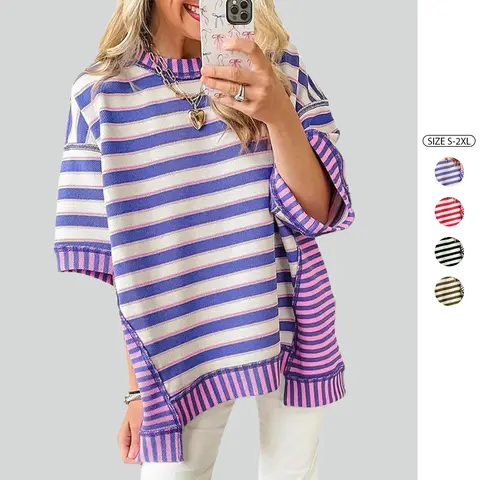 Imily Bela Womens Oversized Striped Shirt Summer Half Sleeve Tops Crew Neck Sweatshirts Casual Blouses