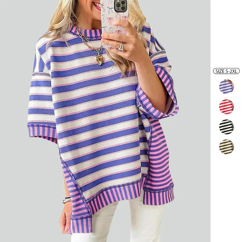 Imily Bela Womens Oversized Striped Shirt Summer Half Sleeve Tops Crew Neck Sweatshirts Casual Blouses