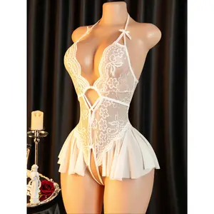 Sexy Lingerie Bodysuit with Hollow Backless Neckline & Floral Lace Detailing - One-Piece Fishnet Tights for Women, Elegant Lingerie & Erotic Underwear, Intimate Apparel, Seductive Clothing, Sexy Bodysuit, Seductive Clothing, Elegant Design, Intricate Lace