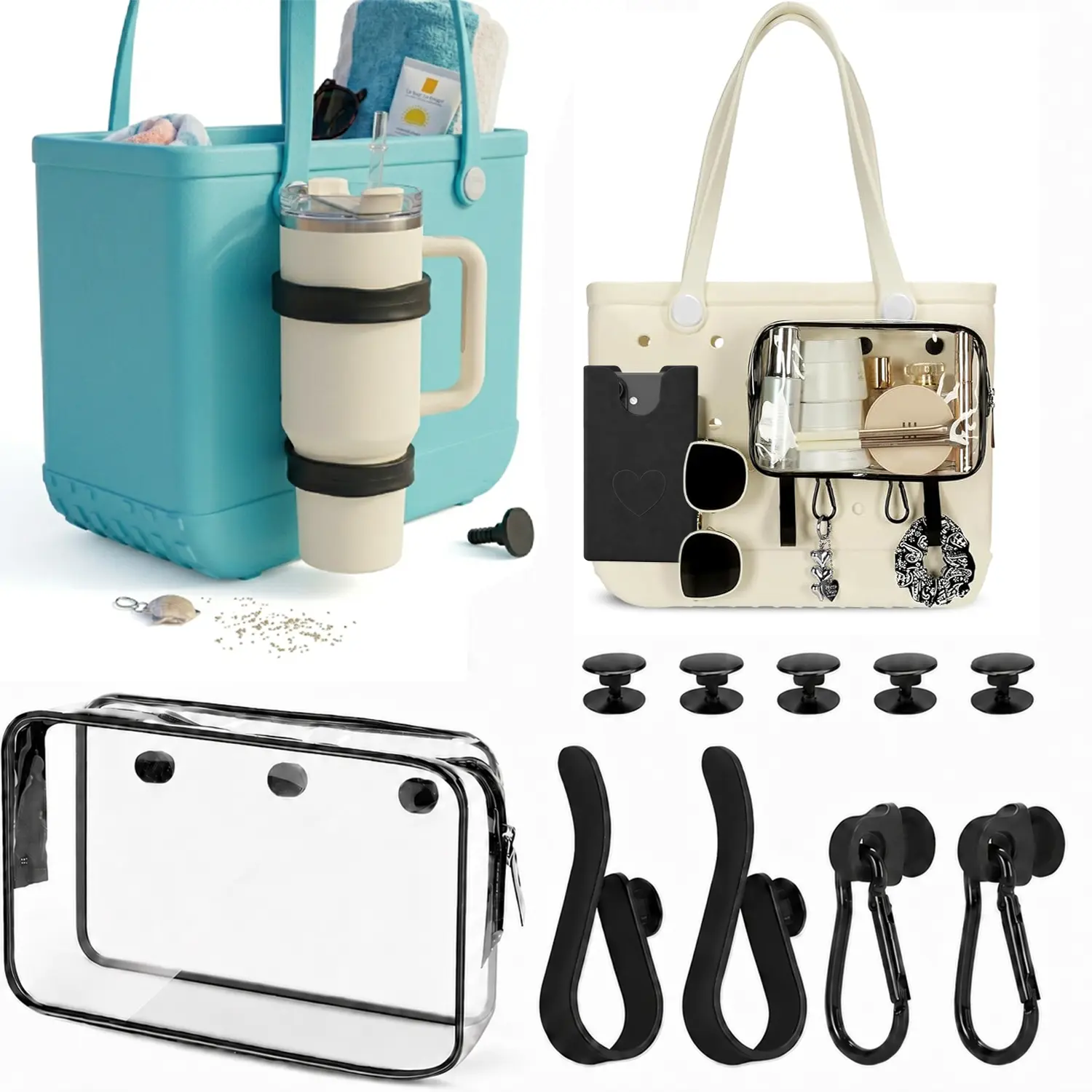 Accessories for Bogg Bags,7PCS Compatible with Original Medium and Large Bogg Bag,Phone Holder for Inside and Outside of Bogg Bag Accessories,PVC Insert Bags,Hooks,and Keychain