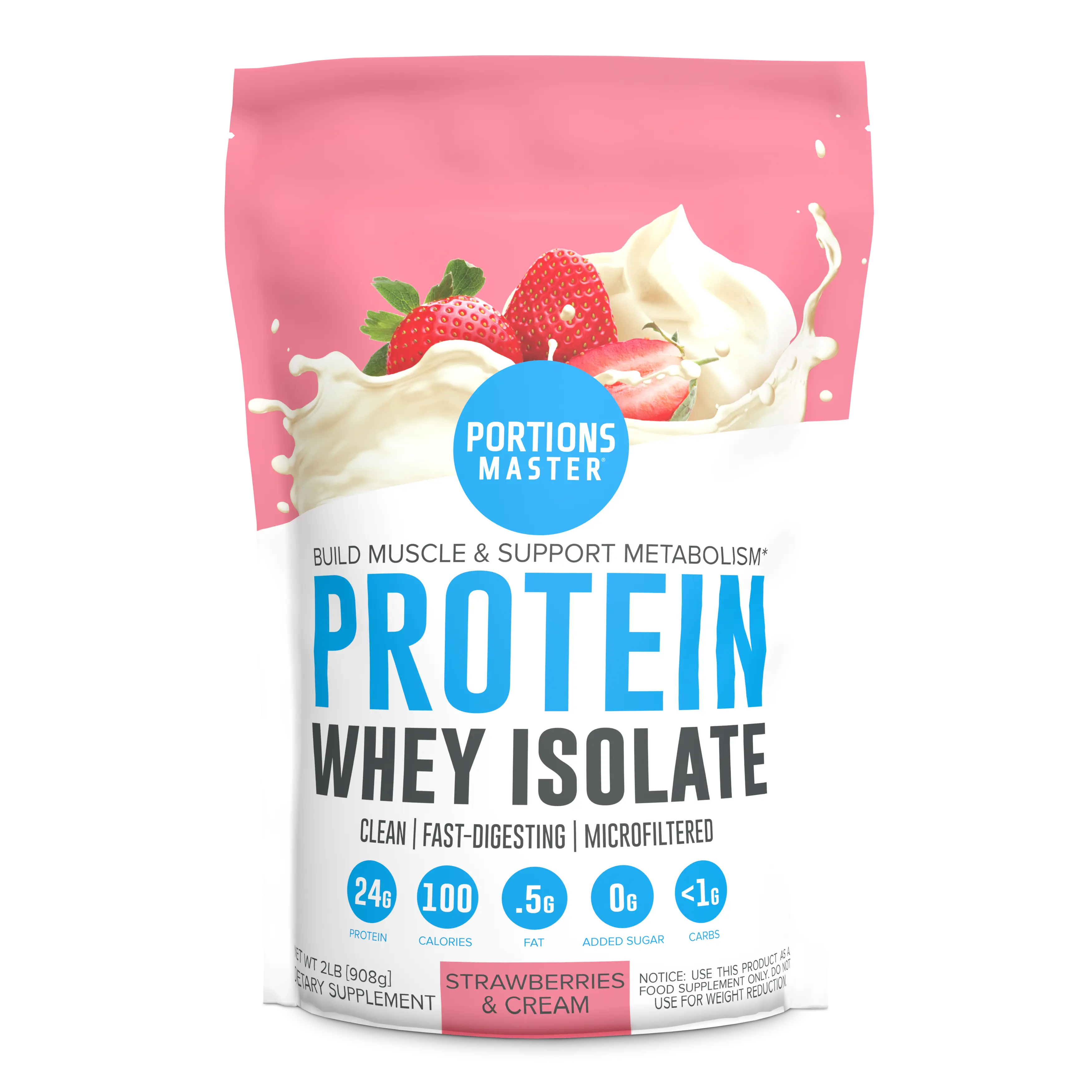 Portions Master Non-GMO Cross-Flow Microfiltration Whey Protein Isolate, Sweetened with Stevia (2 lbs) | Strawberries And Cream