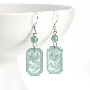 Sterling Silver Natural Jade Earrings, Rose Design, Personalized Women’s Style, Christmas Gifts