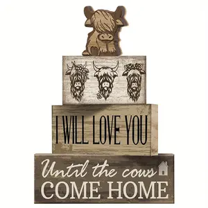 4pcs Highland Cow Party center decoration, Home Decor, Wooden Living Room Decoration with Highland Cow Motif, Stylish Decorative Items for Living Room, Bedroom, Bathroom, Rustic Design
