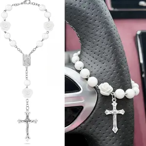 Unique Christian Car Gift, Cross Steering Wheel Bead Hanging Ornament, Catholic Prayer Amulet, Car Decoration Driving Charm, Religious Accessory, Car Interior Decoration, Car Interior Accessories, Car Ornaments